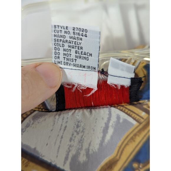 Notations Medium Silk Button Up Blue w/Gold Rope & Frames, Pink Ribbon VTG 80's - Picture 3 of 9